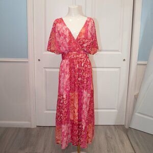Cider Pink Patchwork Floral Midi Dress – Deep V, Flowy Sleeves, Size M